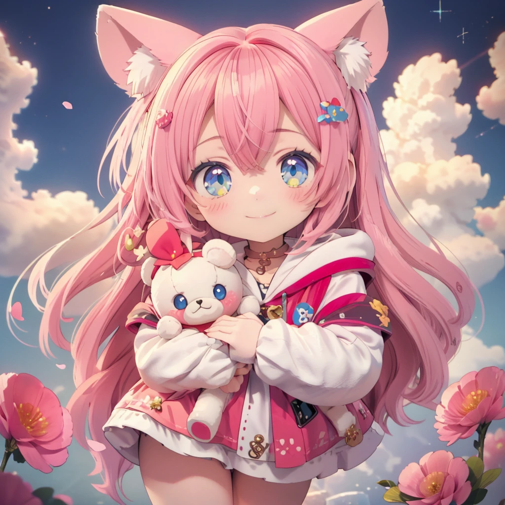 Digital art style，Big Head，Baby pink hair，cute瞳，Adorable smile，Ezvian everywhere、Pure、hoodie fashion，Pure，cute，cute，teddy bear🧸，fluffy，Rosy Cheeks，Flowers shine，blue sky，Fantasy World，Written boundary depth_shallow