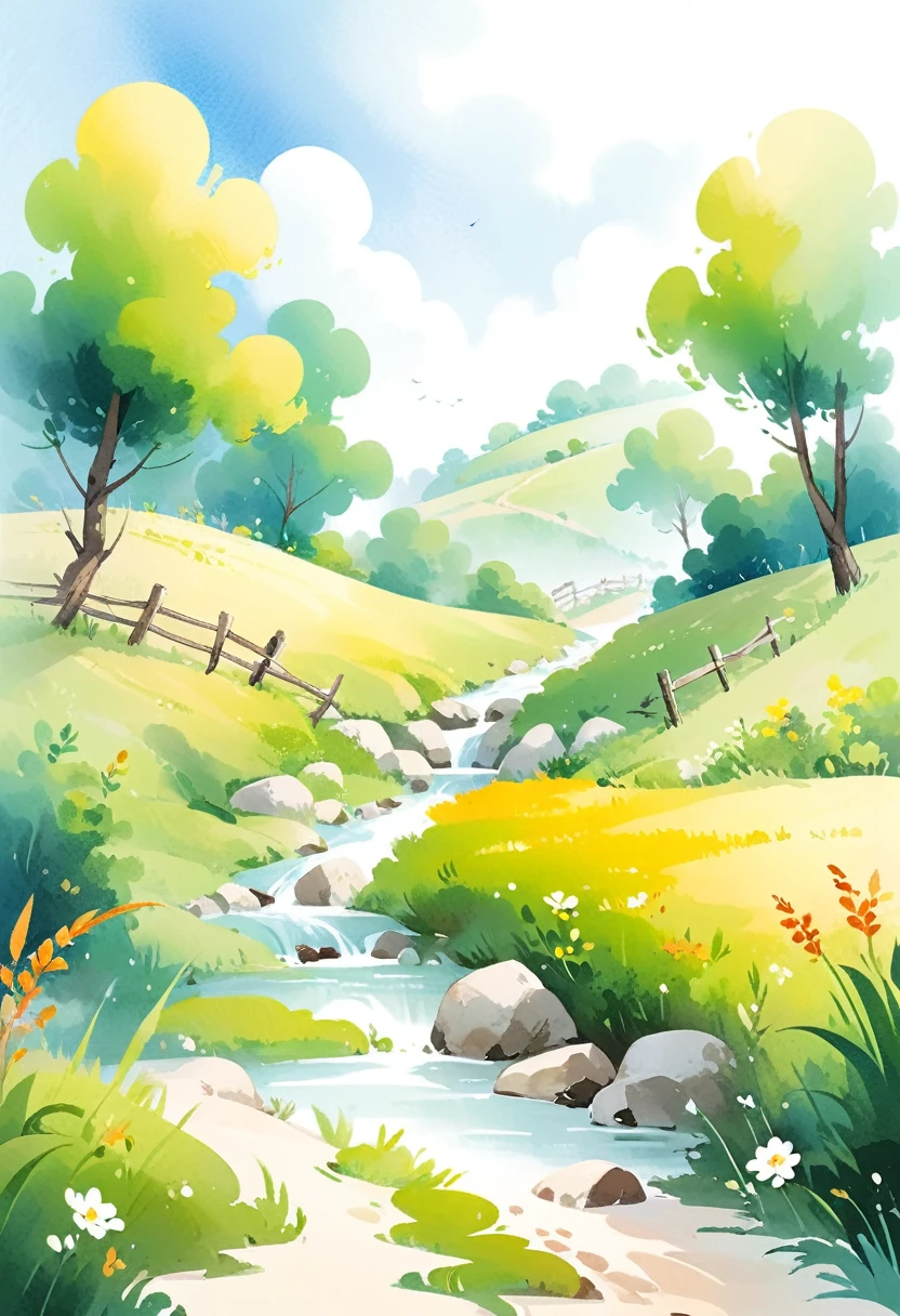 (masterpiece, best quality:1.2), Minimalist rural life illustration, with a large amount of blank space, simple background, light background, light color solid background, simple stroke style, healing style, watercolor effect, surrealism,Minimum,The Trail,Minimalism,Huge negative space,Abstract,