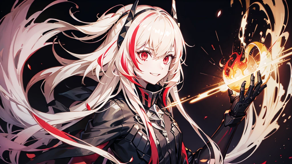 1girl, flying hair, red eyes, fire witch, blood on face, light particles, lightning rays, wallpaper, colorful, high contrast, vampire, smirk, evil smile, psychopathic smirk, psychopathic smile, tilted head