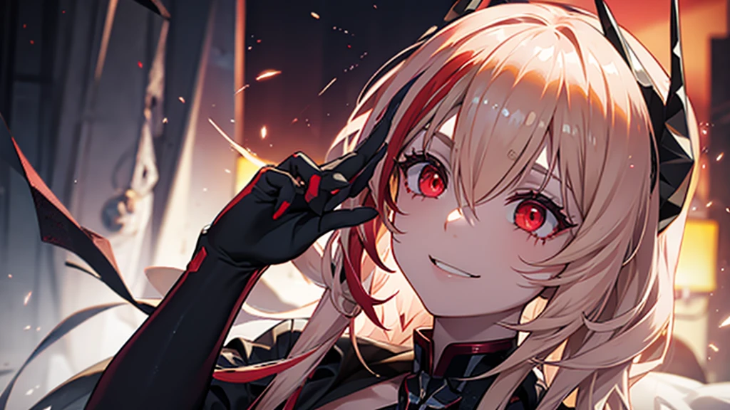 1girl, flying hair, red eyes, fire witch, blood on face, light particles, lightning rays, wallpaper, colorful, high contrast, vampire, smirk, evil smile, psychopathic smirk, psychopathic smile, tilted head