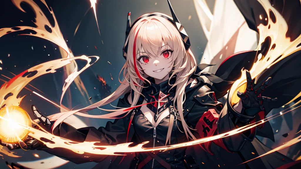 1girl, flying hair, red eyes, fire witch, blood on face, light particles, lightning rays, wallpaper, colorful, high contrast, vampire, smirk, evil smile, psychopathic smirk, psychopathic smile, tilted head