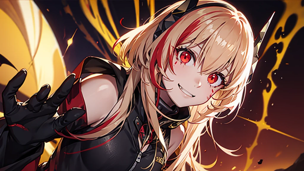 1girl, flying hair, red eyes, fire witch, blood on face, light particles, lightning rays, wallpaper, colorful, high contrast, vampire, smirk, evil smile, psychopathic smirk, psychopathic smile, tilted head