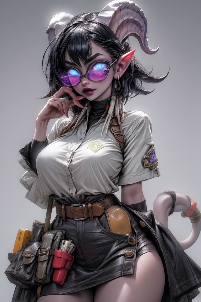 masterpiece, best quality, 1girl, solo, draenei, glowing eyes, colored sclera, tail ornament, hooves, white skin, blue eyes, black hair, shiny silver pouty lips, (tentacle hair:0.8), close-up, upper body, hair ornament, plump and large breasts, shiny skin, shiny silver lipstick, goggles , bob hair cut, fantasy, magic, psy powers, leather apron, toolbelt, mechanic, glasses, apron pouch with tools