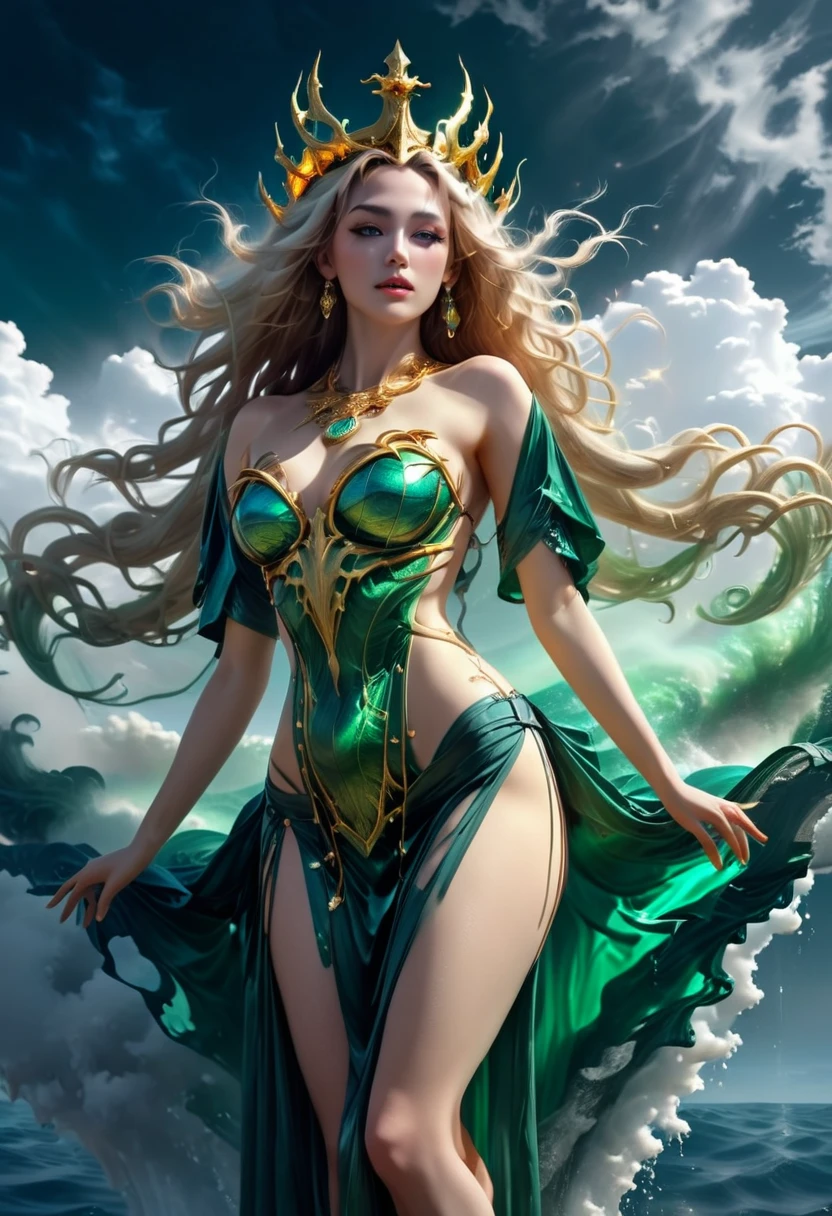 ((best quality)), ((masterpiece)), (detailed), Aphrodite goddess queen, perfect face, mythical scene , undersea, sitting in throne, golden high throne, wearing higher crown, mighty queen's crown, crossing legs, hold one hand, psychedelic color,full body, perfect body, perfect hands, perfect face, ghost mix, shiny skin, royal robes, golden cloak, translucent, surrealism, hyper realistic photo, look at the camera, HD, upper body, glowing breast, unreal engine, epic scene perfect model, above the clouds, waist long hair, golden hair, wavy hair, no dress, shiny skin, dark night background, dark blue ocean scene, lesser light, silhouette body line, perfect silhouette, mystical deep ocean, blue flames eyes, wavy long hair, body disclose, ethereal dragon, ethereal water, ethereal, massive smoke, green smoke, feet on clouds, UHD, ultra detailed, hyper realistic, surrealism, epic realism, shiny body, mystical glow