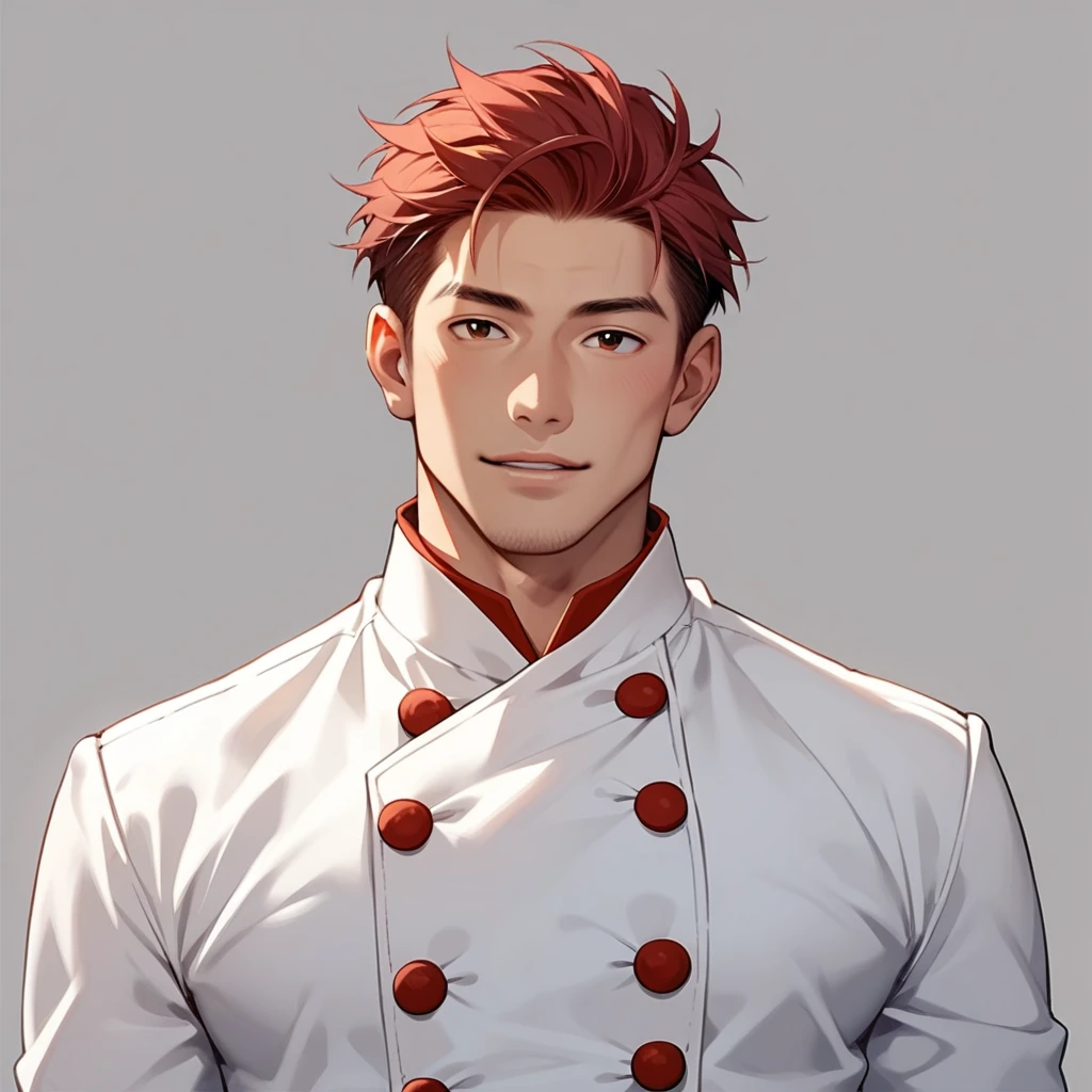 score_9, score_8_up, score_7_up, rating_explicit, source_anime, 1 boy, Asian, longye hair, maroon hair, chef clothes, simple background, handsome man, blurry foreground