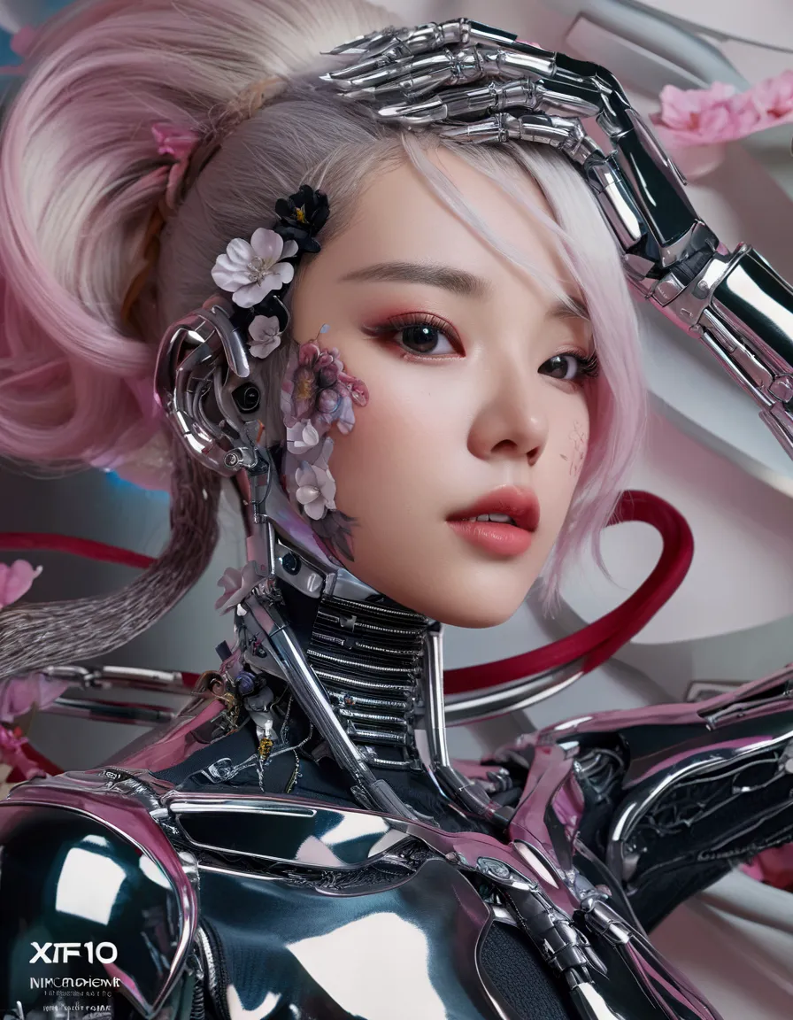 an extraordinarily detailed close-up portrait of an android-human hybrid k-pop idol, showcasing her striking skell cyberpunk app...