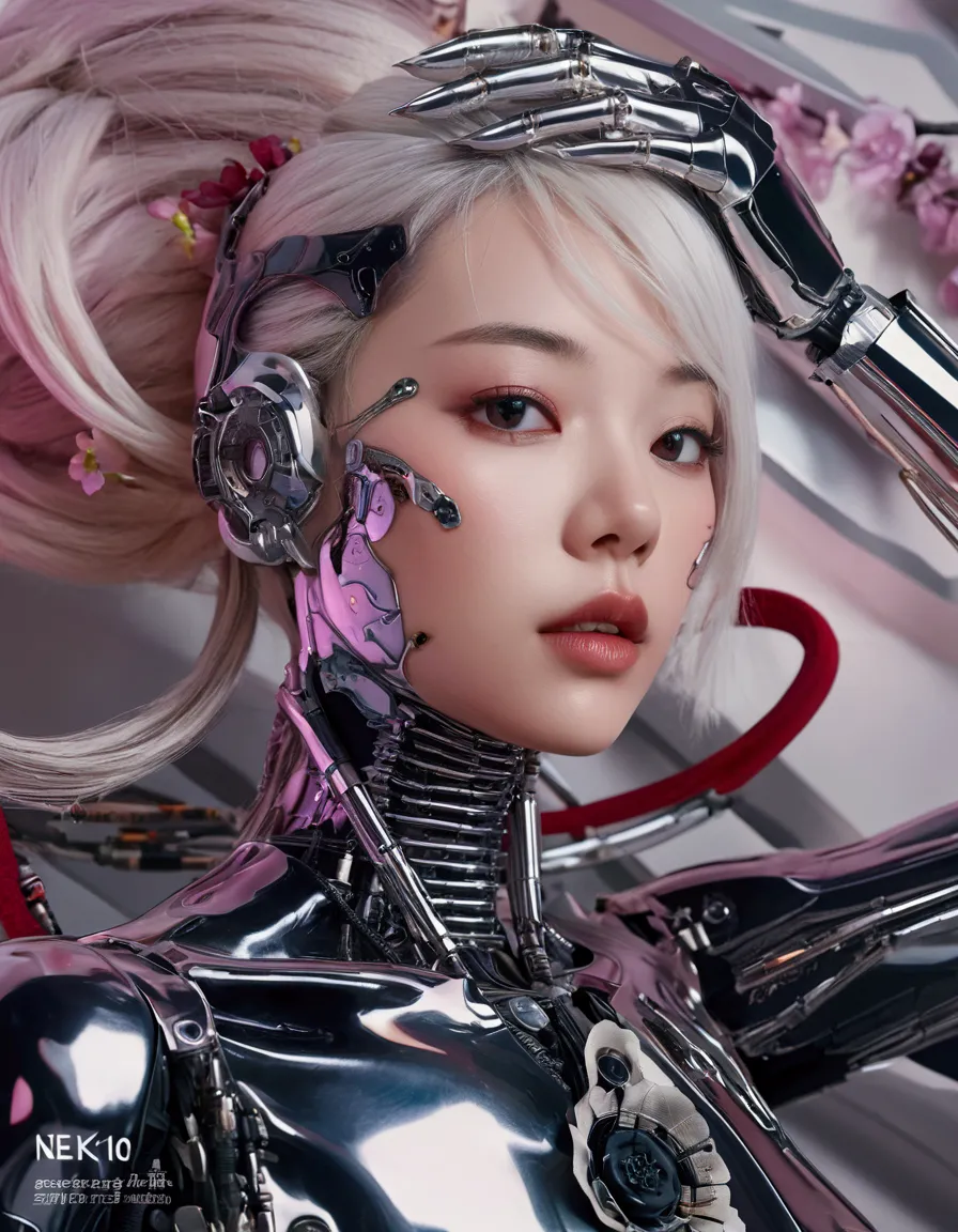 an extraordinarily detailed close-up portrait of an android-human hybrid k-pop idol, showcasing her striking skell cyberpunk app...