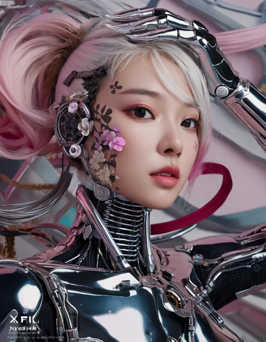 an extraordinarily detailed close-up portrait of an android-human hybrid k-pop idol, showcasing her striking skell cyberpunk app...