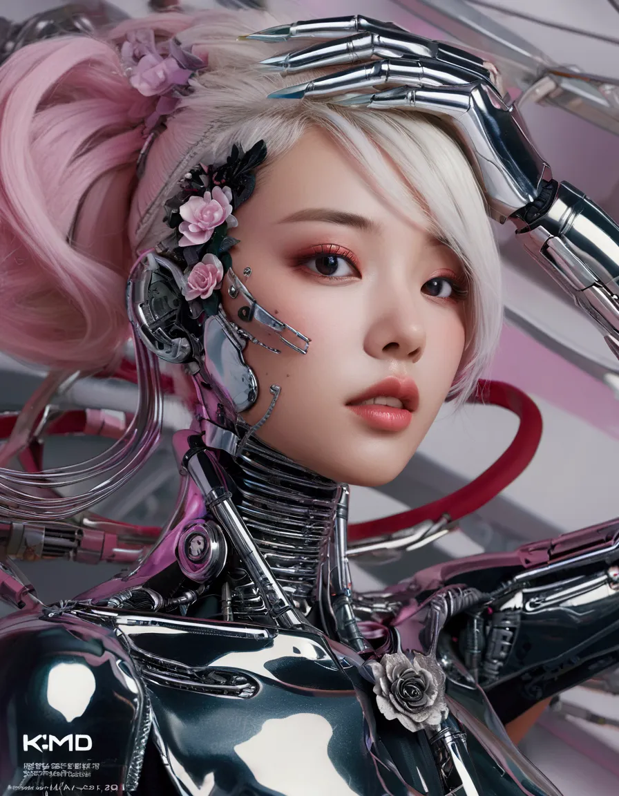 an extraordinarily detailed close-up portrait of an android-human hybrid k-pop idol, showcasing her striking skell cyberpunk app...