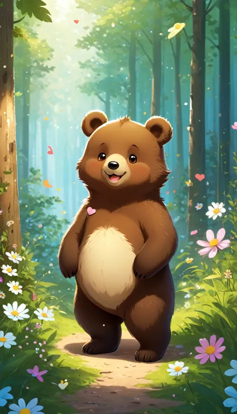 cute illustration of a little bear、no clothes on、smile、in the forest、flower、heart、friendly atmosphere