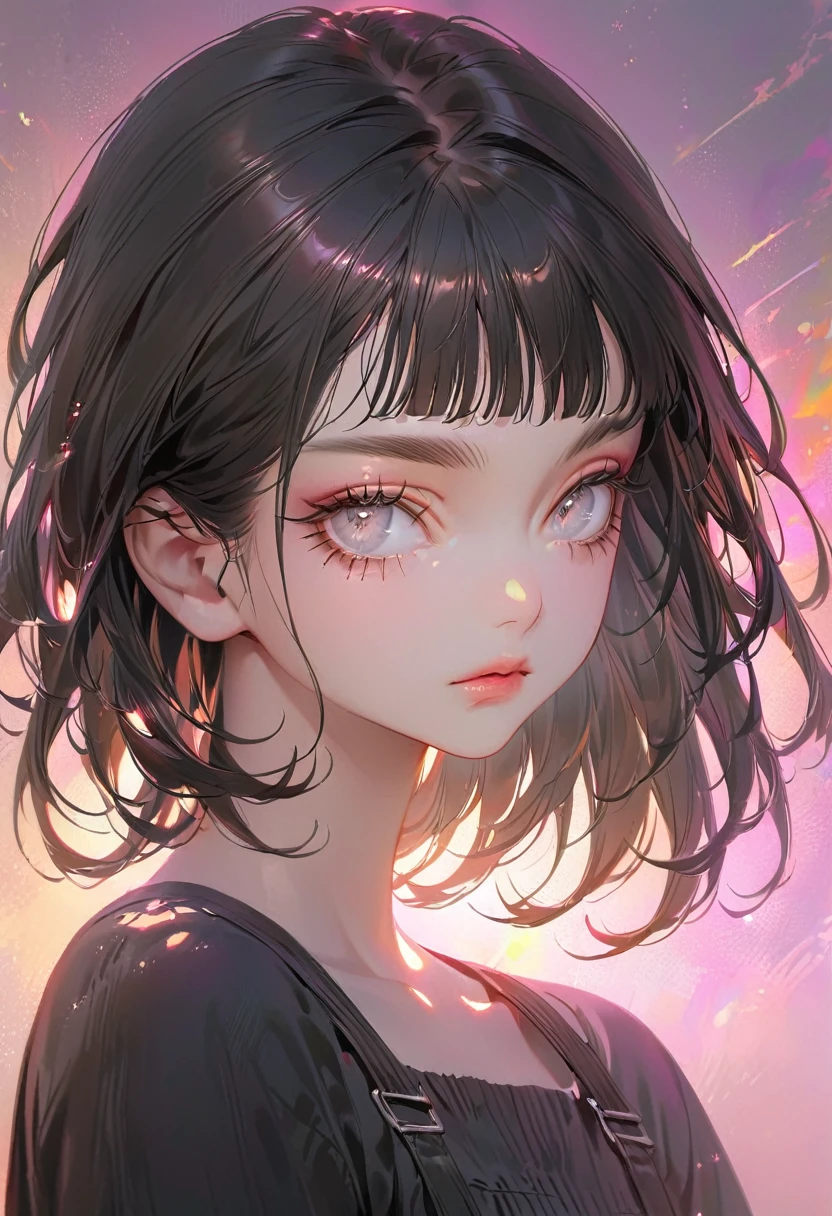 ((Colorful background))Dilated grey eyes，beautiful girl, Realistic, Long eyelashes, Very short black hair,Heavy bangs,Cool look,Lighting from the right,Wearing black overalls