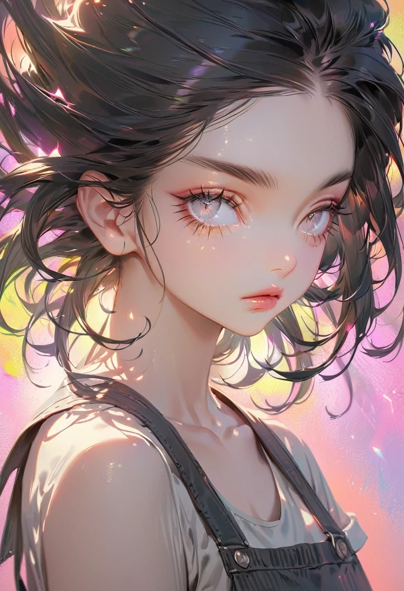 ((Colorful background))Dilated grey eyes，beautiful girl, Realistic, Long eyelashes, Very short black hair,Heavy bangs,Cool look,Lighting from the right,Wearing black overalls