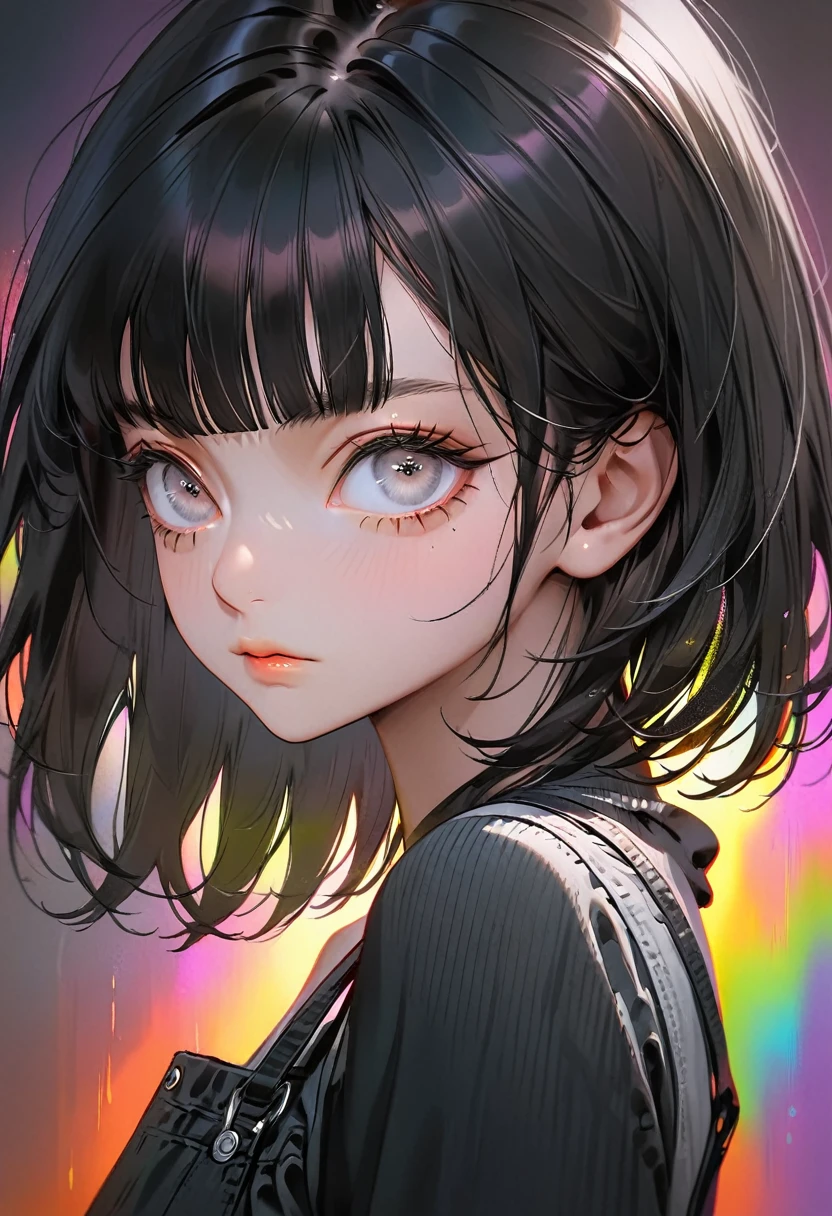 ((Colorful background))Dilated grey eyes，beautiful girl, Realistic, Long eyelashes, Very short black hair,Heavy bangs,Cool look,Lighting from the right,Wearing black overalls
