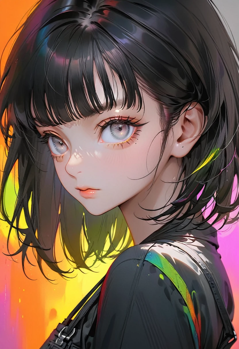 ((Colorful background))Dilated grey eyes，beautiful girl, Realistic, Long eyelashes, Very short black hair,Heavy bangs,Cool look,Lighting from the right,Wearing black overalls
