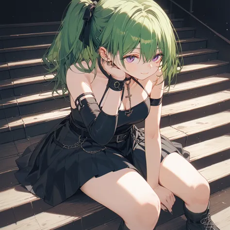 (masterpiece, the best quality at its best:1.2), alone, one huge breasted girl, green hair, bangs, hair between the eyes, side p...