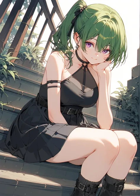 (masterpiece, the best quality at its best:1.2), alone, one huge breasted girl, green hair, bangs, hair between the eyes, side p...