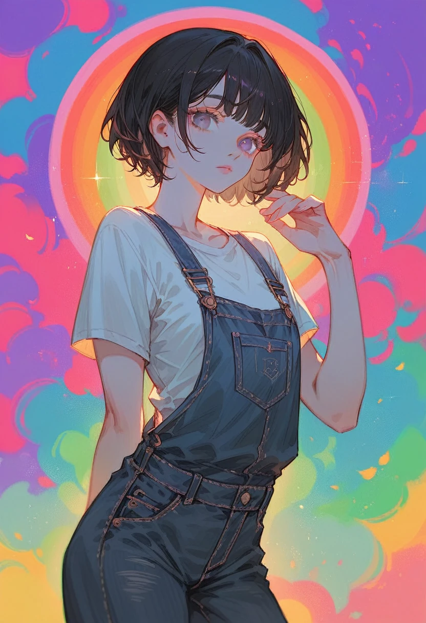 ((Colorful background))Dilated grey eyes，beautiful girl, Realistic, Long eyelashes, Very short black hair,Heavy bangs,Cool look,Lighting from the right,Wearing black overalls
