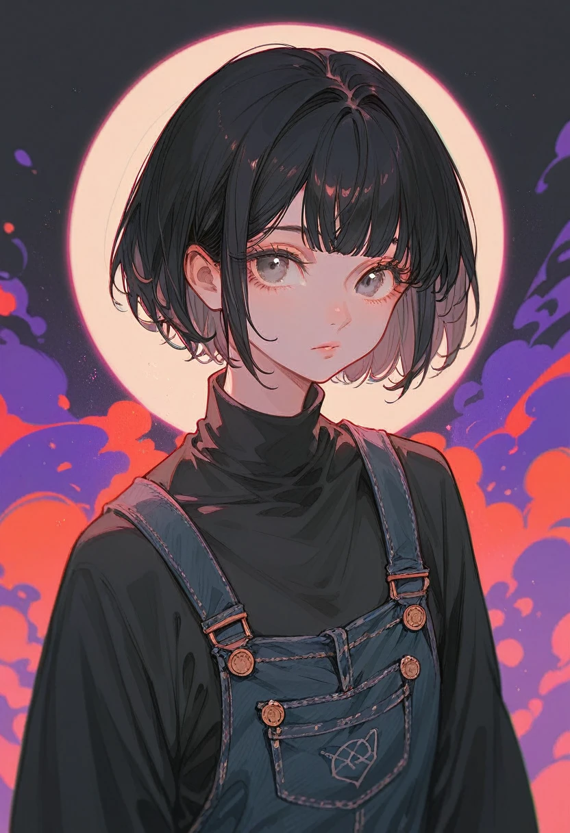 ((Colorful background))Dilated grey eyes，beautiful girl, Realistic, Long eyelashes, Very short black hair,Heavy bangs,Cool look,Lighting from the right,Wearing black overalls
