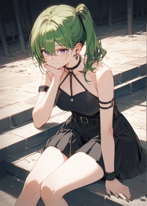 (masterpiece, the best quality at its best:1.2), alone, one huge breasted girl, green hair, bangs, hair between the eyes, side p...