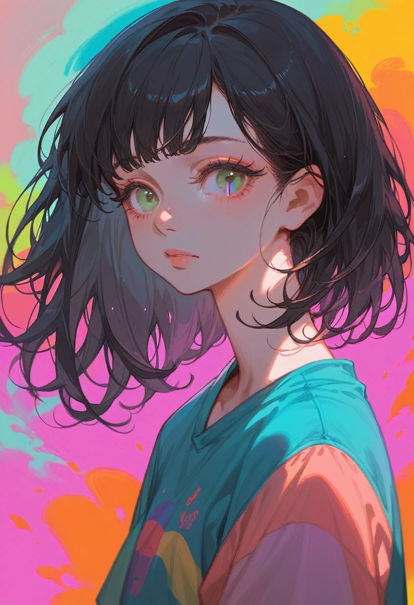 ((Colorful background))Dilated grey eyes，beautiful girl, Realistic, Long eyelashes, Very short black hair,Heavy bangs,Cool look,Wearing a black heavyweight sweatshirt,