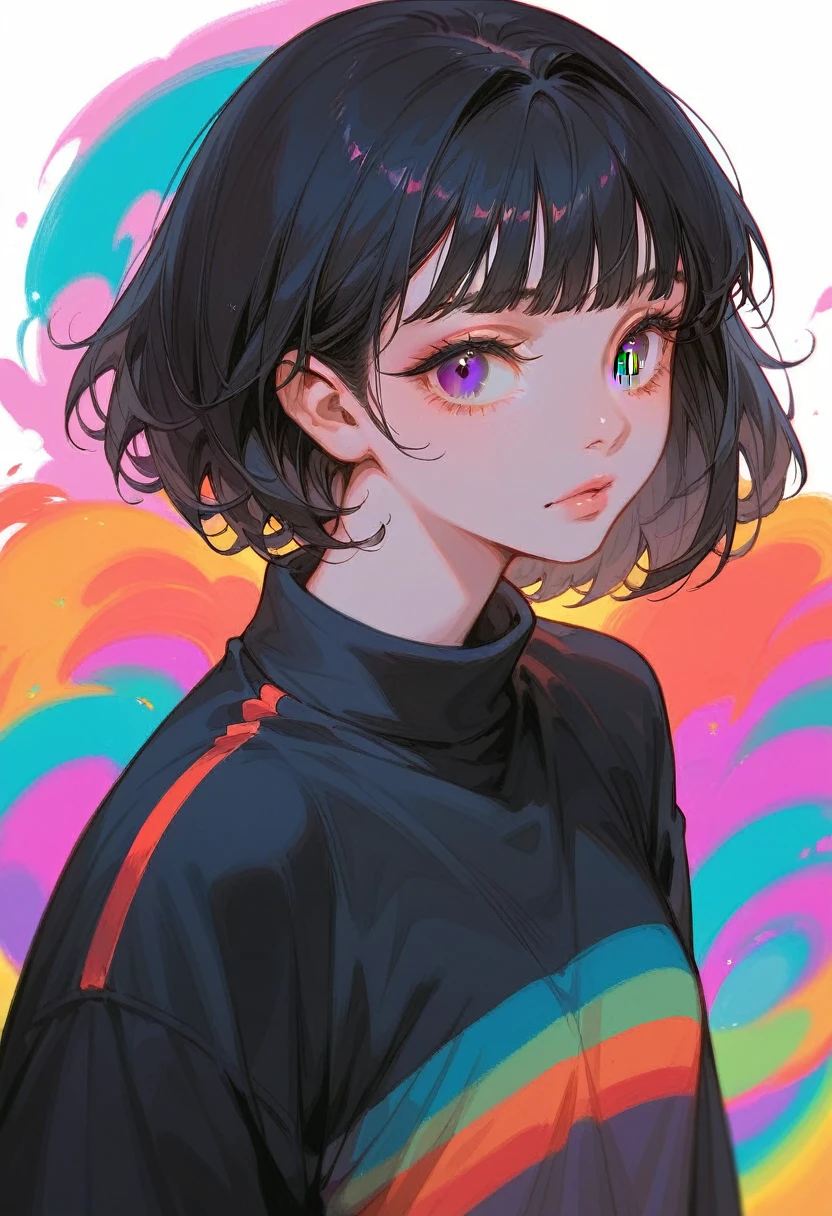 ((Colorful background))Dilated grey eyes，beautiful girl, Realistic, Long eyelashes, Very short black hair,Heavy bangs,Cool look,Wearing a black heavyweight sweatshirt,