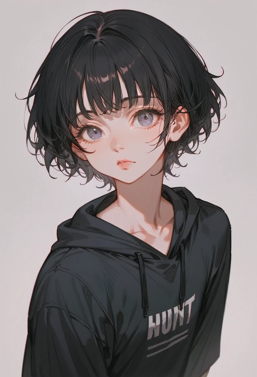 (Highest quality,Super detailed,High resolution:1.2),Dilated grey eyes，beautiful girl, Realistic, Long eyelashes, Very short black hair,Heavy bangs,Cool look,Wearing a black heavyweight sweatshirt,