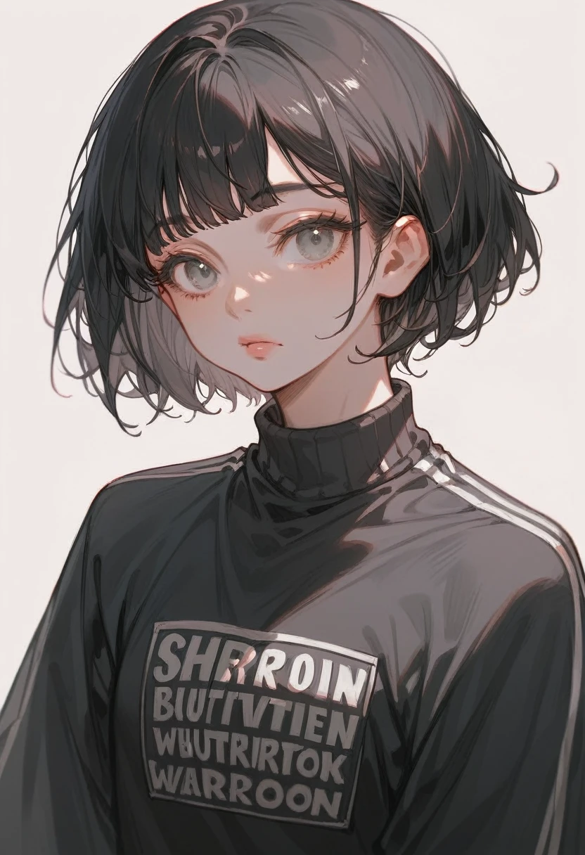 (Highest quality,Super detailed,High resolution:1.2),Dilated grey eyes，beautiful girl, Realistic, Long eyelashes, Very short black hair,Heavy bangs,Cool look,Wearing a black heavyweight sweatshirt,