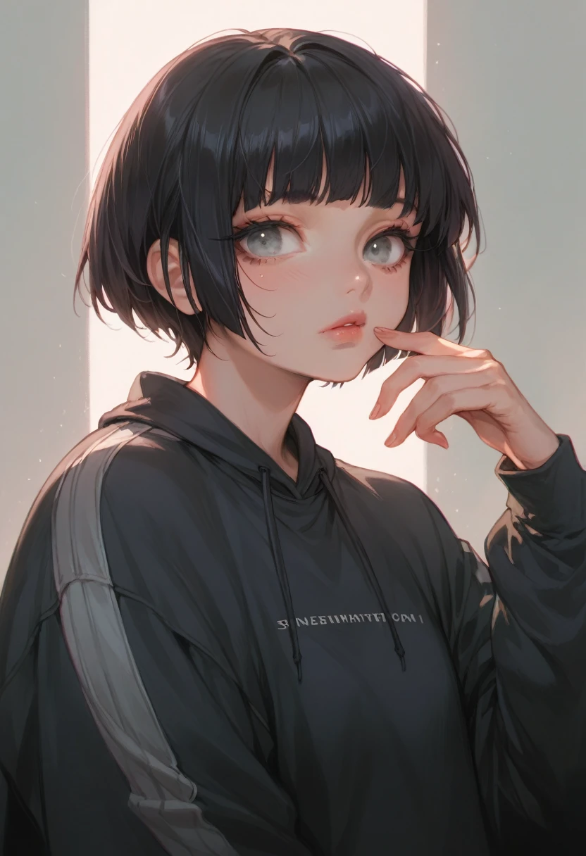 (Highest quality,Super detailed,High resolution:1.2),Dilated grey eyes，beautiful girl, Realistic, Long eyelashes, Very short black hair,Heavy bangs,Cool look,Wearing a black heavyweight sweatshirt,
