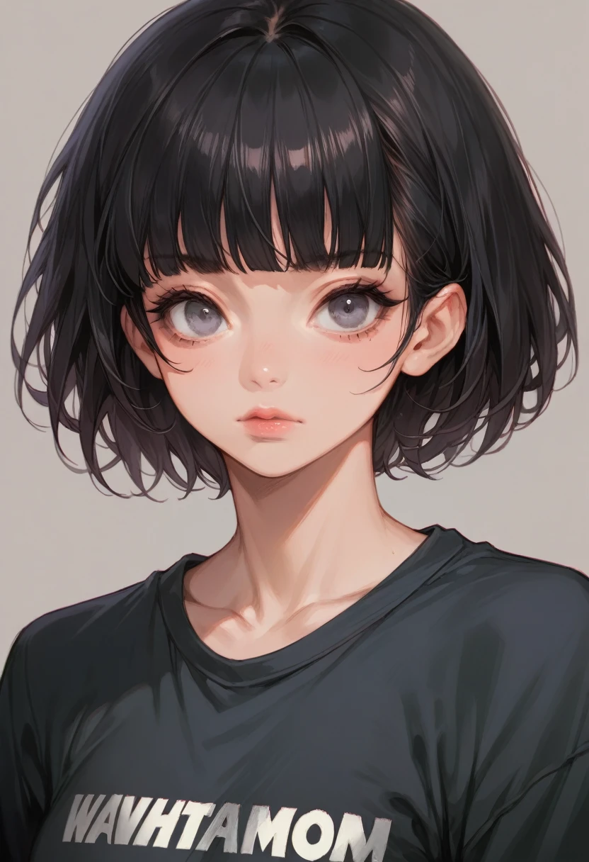 (Highest quality,Super detailed,High resolution:1.2),Dilated grey eyes，beautiful girl, Realistic, Long eyelashes, Very short black hair,Heavy bangs,Cool look,Wearing a black heavyweight sweatshirt,