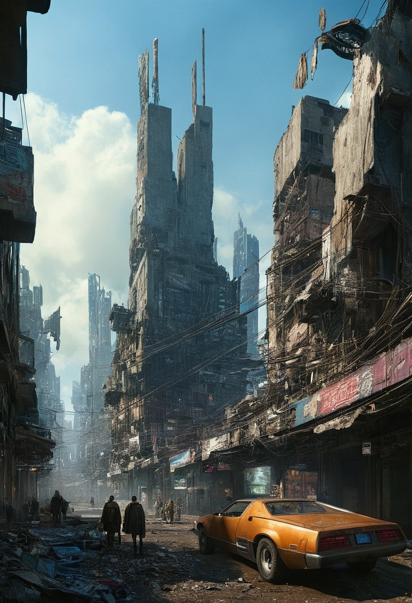 Maximum quality, urban landscape, sky line, futuristic city in ruins, outfit, surrealism, cyber punk, hyper realism, photo realism, Blade Runner, spinner vehicle, drones, exposed wiring, advertising, Holograms, metropolis.