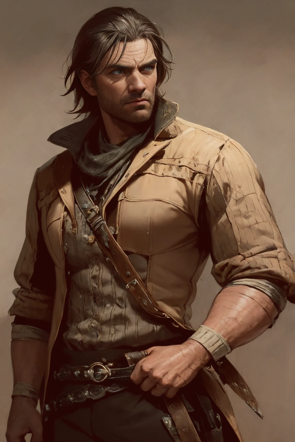 a highly detailed, cinematic illustration of the assassin Arthur Morgan from the Red Dead Redemption 2 universe, atmospheric lighting, dramatic pose, intense expression, intricate costume details, rugged features, chiaroscuro lighting, muted color palette, oil painting style, photorealistic, masterpiece