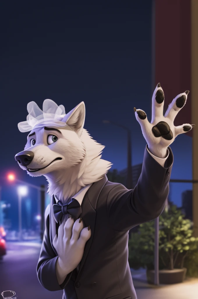  pair, Male и Female ,white wolf Gary and Anna, wedding, \(Zootopia\), (white body:1.3), White fur, Brown eyes, Zootopia, dressed,black blazer,shirt,red bow tie, trousers, canine, wolf, detailed fur, Male and female, antro,,Anna,Blue eyes,wedding  dress,bridal veil,paw pads, finger claws, waving, waving at viewer, 5 fingers, paws, 4 toes,
BREAK from nextel, for dating, by xenoforge, (difficult, high detail, film photography, soft focus, RAW explicit cinema,
photorealism, realistic, photorealistic, analog style, subsurface scattering,
masterpiece, Best quality, ultra realistic, 8 K)