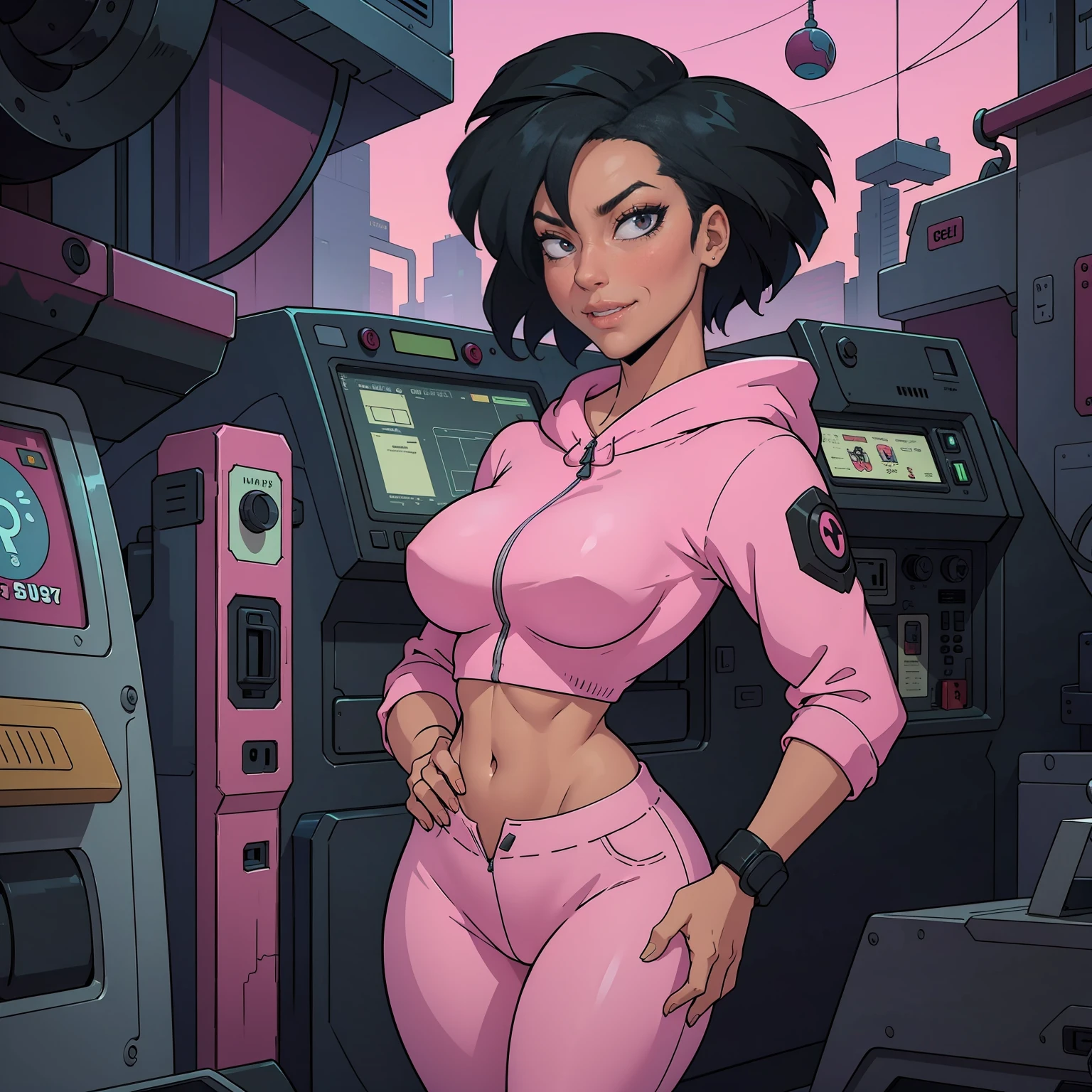 ((solo,1woman, mature, alone))), Amy Wong, ((black hair, glowing black eyes, wide eyes, body fur, makeup, narrow waist, skinny, medium breasts)), pelvic curtain, ((pink pants, pink hoodie)), full body, perfect body, (insanely detailed, beautiful detailed face, masterpiece, best quality), (extremely detailed 8k paper CG wall unit: 1.1), (cyberpunk city, futurama ssettings, cyberpunk, dusk), (smile face for the viewer), behind, from back