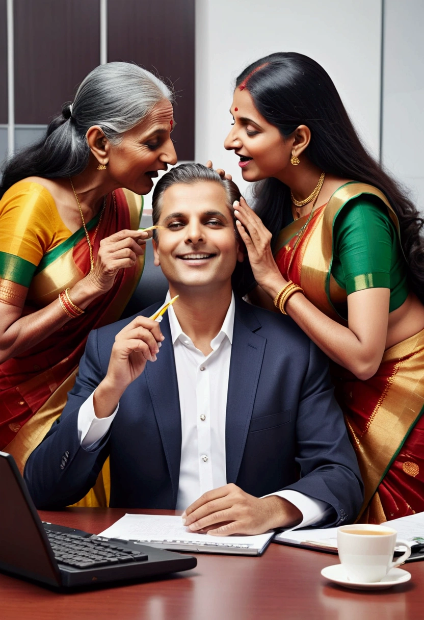 in luxerius office items sorrounded bright lighted modern indian office,Company CEO at seated,two eldery indian ladies in sarees,natural straight hairs,applied with 10000000 liters of oil over thier hair,hairlines are highly visible,kneeled,bend over,kissing head scalp of company CEO' ,keeping tongue out,All details strictly use exact as per image prompt,Ladies faces strictly use as per the image promt,Ladies tongues licking moment strictly use as per the image prompt,
