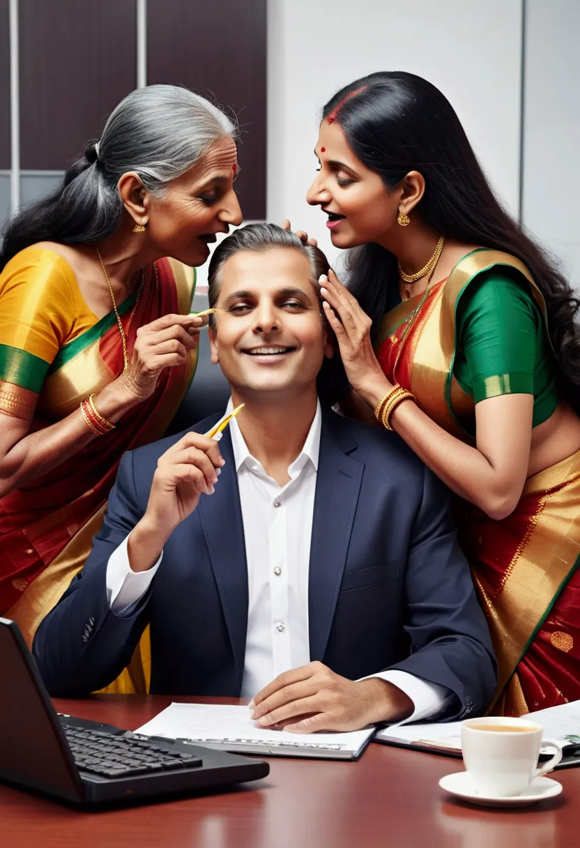 in luxerius office items sorrounded bright lighted modern indian office,company ceo at seated,two eldery indian ladies in sarees...