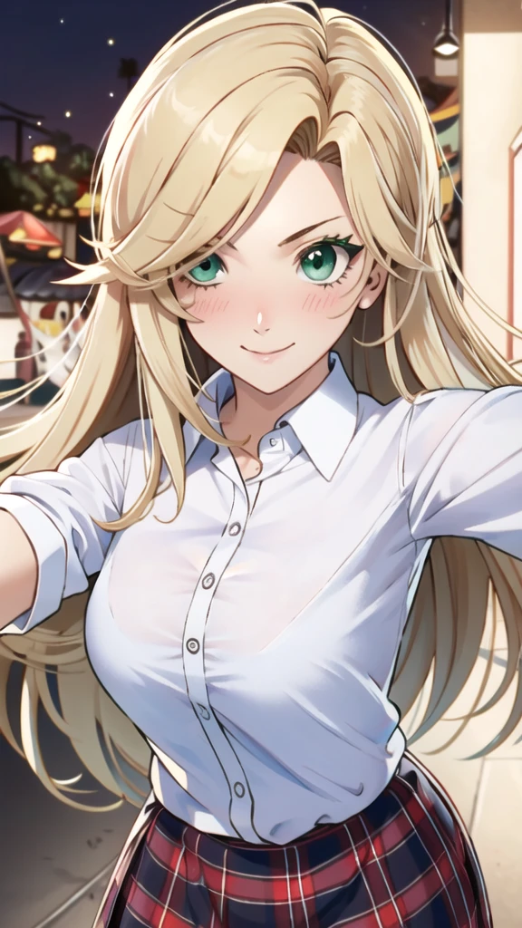 ((masterpiece, best quality, high resolution, super high resolution, perfect pixels, depth of field, 4k, RTTX 10.0, high resolution))), 1 girl, single, alone, beautiful anime girl, beautiful art style, anime character, ((long hair, parted bangs, blonde hair)), (green eyes:1.4, round eyes, beautiful eyelashes, realistic eyes), (detailed face, blush:1.2), (smooth texture:0.75, realistic texture:0.65, realistic:1.2, anime CG style), medium breasts, (selfie, dynamic angle, dynamic pose:1.4, throwing, close up, looking towards the viewer), perfect body, big breasts, ((white polo shirt, plaid skirt, )), smiling, open mouth, amusement park