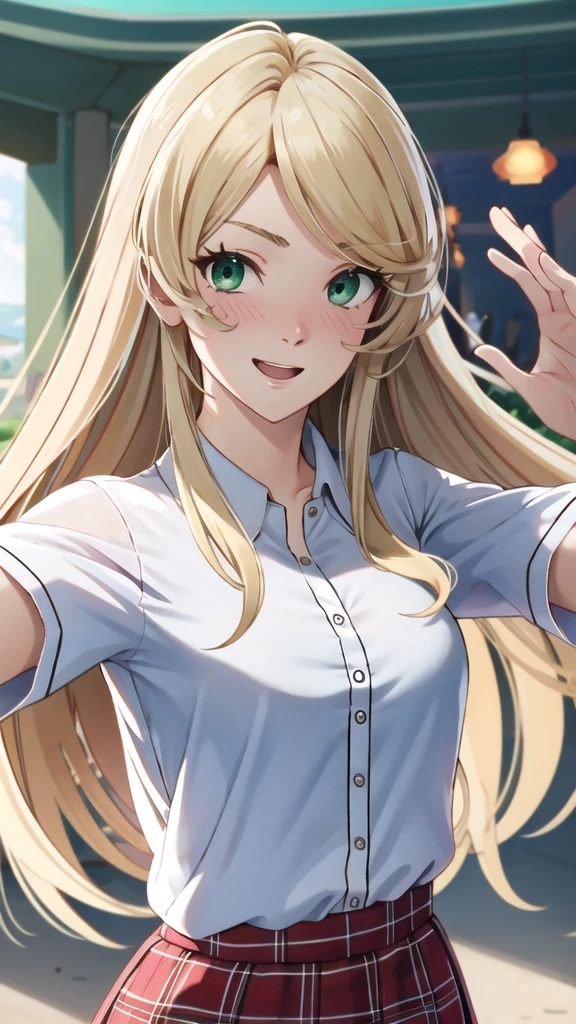 ((masterpiece, best quality, high resolution, super high resolution, perfect pixels, depth of field, 4k, RTTX 10.0, high resolution))), 1 girl, single, alone, beautiful anime girl, beautiful art style, anime character, ((long hair, parted bangs, blonde hair)), (green eyes:1.4, round eyes, beautiful eyelashes, realistic eyes), (detailed face, blush:1.2), (smooth texture:0.75, realistic texture:0.65, realistic:1.2, anime CG style), medium breasts, (selfie, dynamic angle, dynamic pose:1.4, throwing, close up, looking towards the viewer), perfect body, big breasts, ((white polo shirt, plaid skirt, )), smiling, open mouth, amusement park