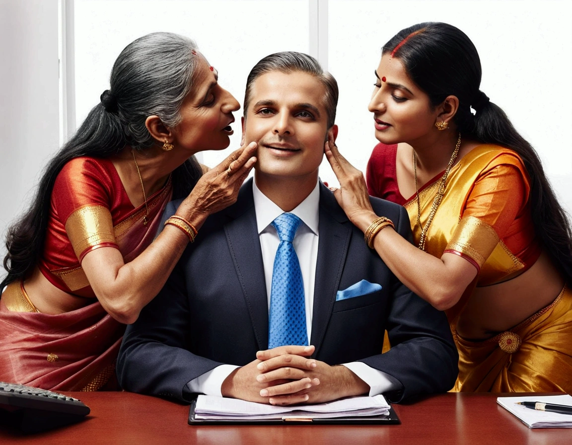 in luxerius office items sorrounded bright lighted modern indian office,Company CEO at seated,two eldery indian ladies in sarees,natural straight hairs,applied with 10000000 liters of oil over thier hair,hairlines are highly visible,kneeled,bend over,kissing head scalp of company CEO' ,keeping tongue out,All details strictly use exact as per image prompt,Ladies faces strictly use as per the image promt,Ladies tongues licking moment strictly use as per the image prompt,
