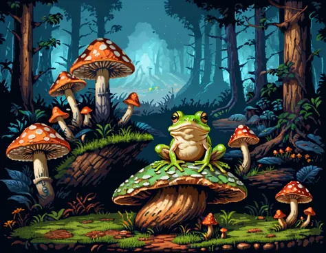 there is a frog sitting on a mushroom in the forest, very detailed illustrations, magic mushrooms, magic mushrooms, magic mushro...