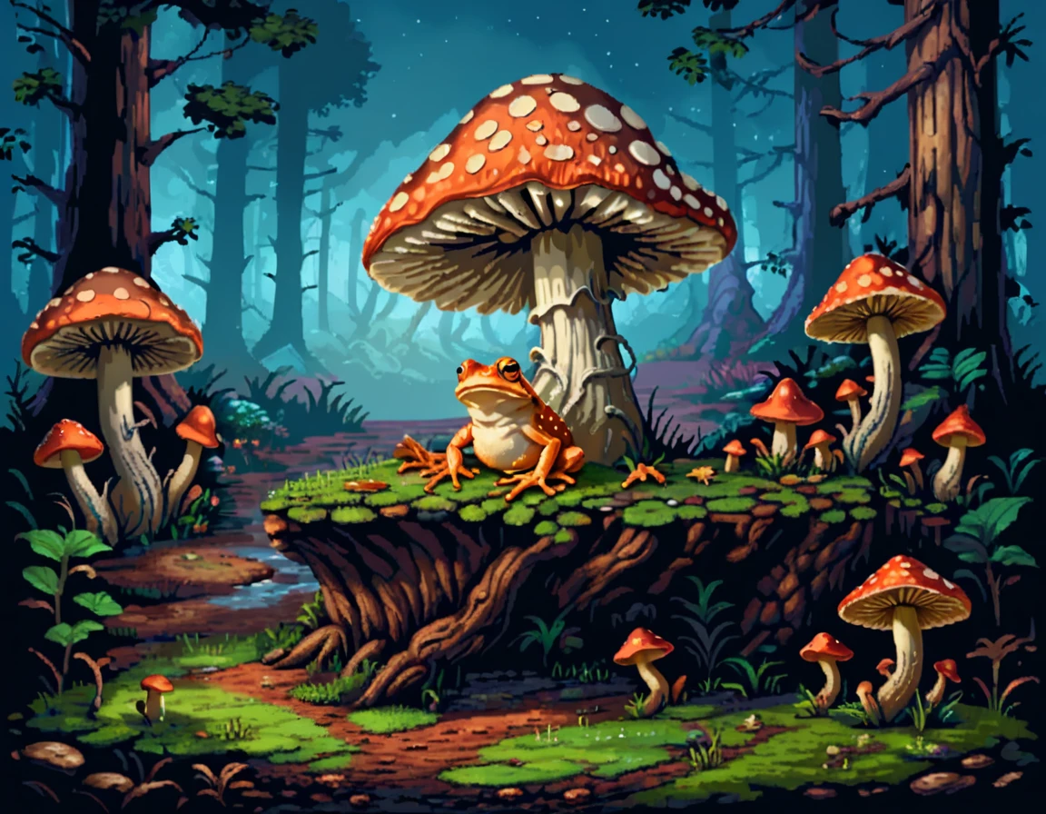 There is a frog sitting on a mushroom in the forest, Very detailed illustrations, Magic mushrooms, Magic mushrooms, Magic mushroomss, Mushroom forest, Very detailed toad, High detailed illustrations, Mushroom Galaxy, Magical forest background, Highly detailed illustrations, Fairy tale illustration, Forest background at night, Magic mushrooms梦, agaric, mycologist, Amanita