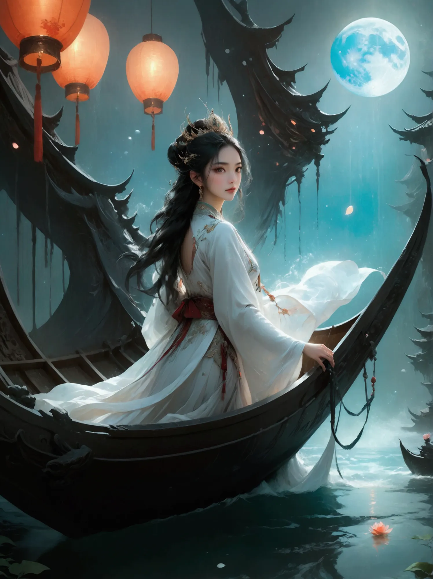 anime girl in a white dress floating a boat in the water，fantasy，moon goddess，beautiful fantasy queen,  by yang j, chinese fanta...