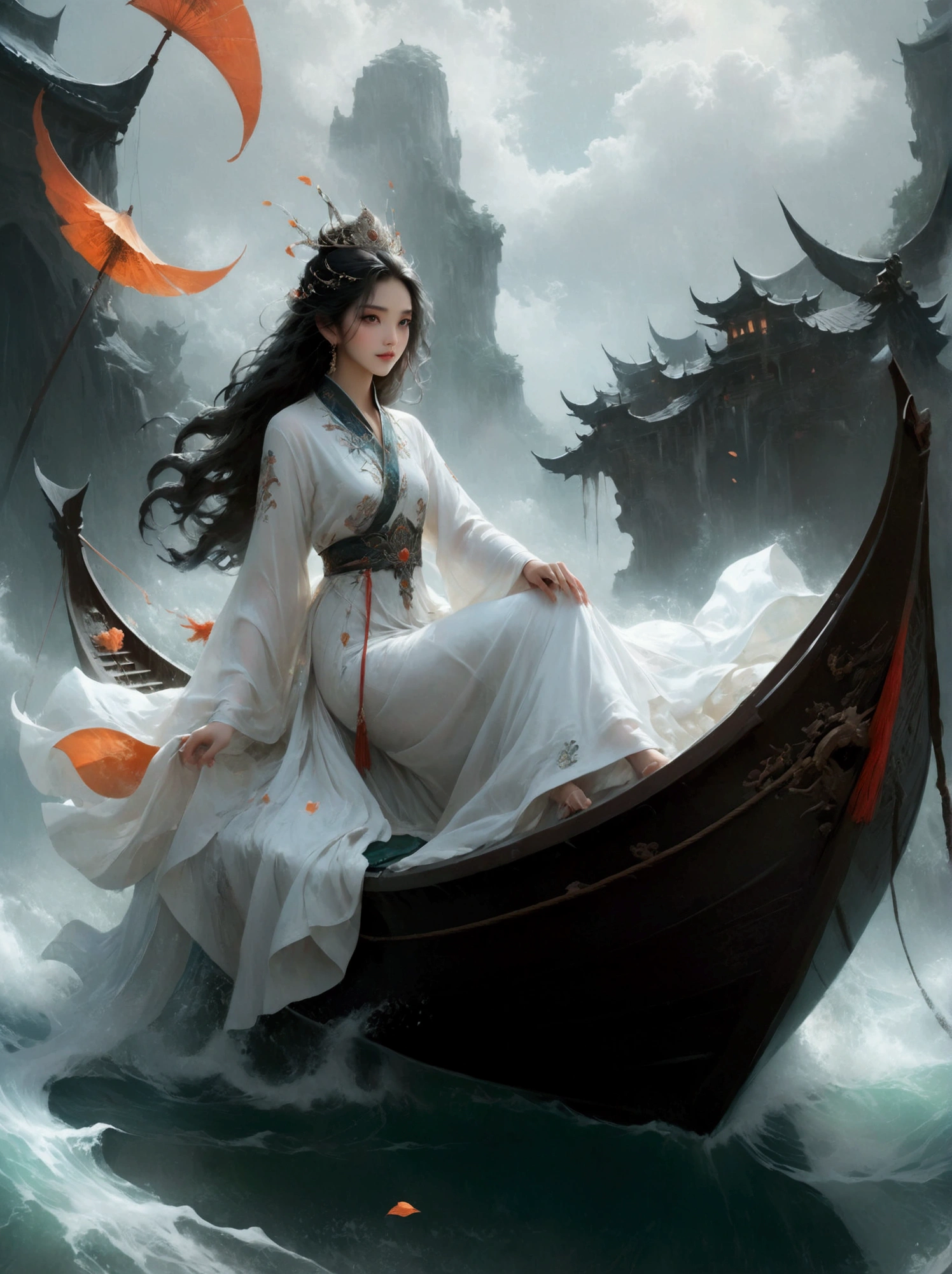 Anime girl in a white dress floating a boat in the water，Fantasy，Moon Goddess，Beautiful fantasy queen,  by Yang J, Chinese Fantasy，Beautiful girl，Sea Queen Mu Yanling，Moon Goddess，Moon Goddess，Flowing magic robe，Beautiful fairy wizard, by Leng Mei, ((a beautiful fantasy empress))