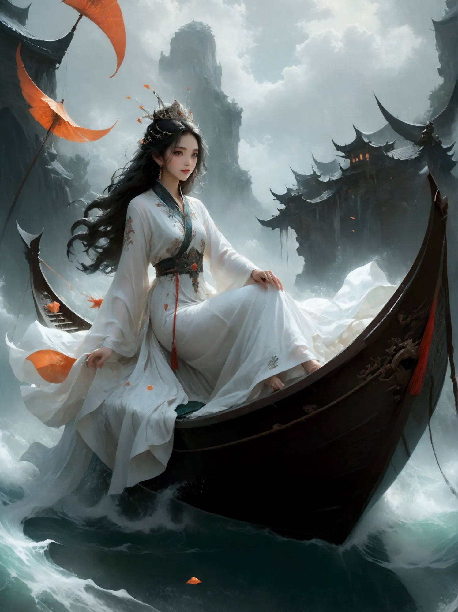 anime girl in a white dress floating a boat in the water，fantasy，moon goddess，beautiful fantasy queen,  by yang j, chinese fanta...