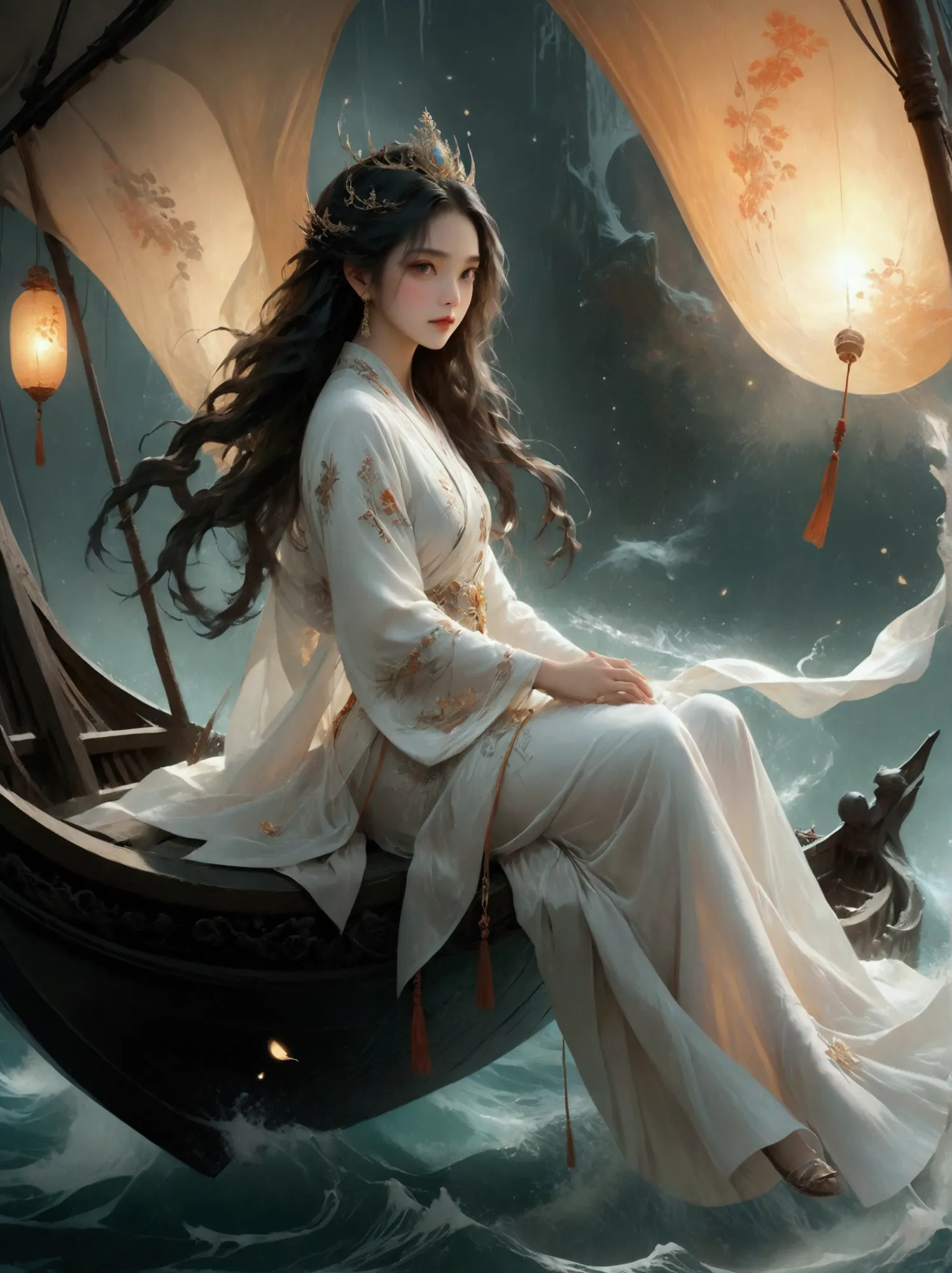 anime girl in a white dress floating a boat in the water，fantasy，moon goddess，beautiful fantasy queen,  by yang j, chinese fanta...