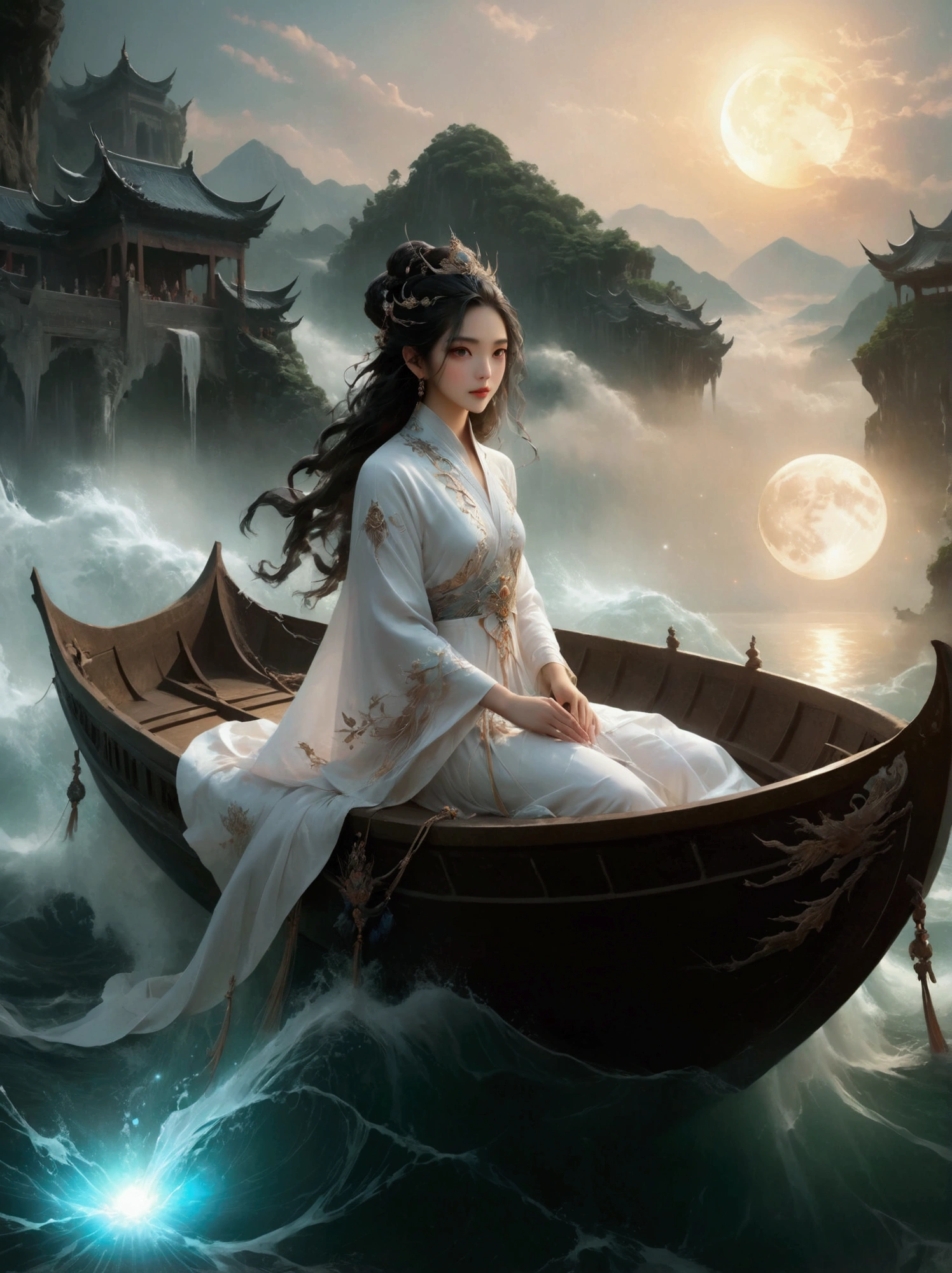 Anime girl in a white dress floating a boat in the water，Fantasy，Moon Goddess，Beautiful fantasy queen,  by Yang J, Chinese Fantasy，Beautiful girl，Sea Queen Mu Yanling，Moon Goddess，Moon Goddess，Flowing magic robe，Beautiful fairy wizard, by Leng Mei, ((a beautiful fantasy empress))