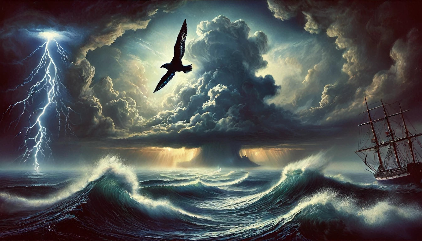 painting of a bird flying over a stormy sea with a ship in the background, apocalyptic tumultuous sea, storm at sea, it's flying between a storm, stormy ocean, the sea and storms behind him, sea storm, ocean storm, stormy sea, clouds and wings and waves, violent stormy waters, stormy seas, soaring waves, a violent storm at sea