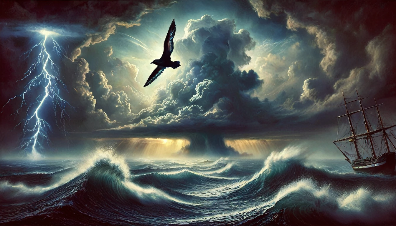 painting of a bird flying over a stormy sea with a ship in the background, apocalyptic tumultuous sea, storm at sea, it's flying between a storm, stormy ocean, the sea and storms behind him, sea storm, ocean storm, stormy sea, clouds and wings and waves, violent stormy waters, stormy seas, soaring waves, a violent storm at sea