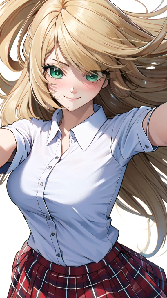 ((masterpiece, best quality, high resolution, super high resolution, perfect pixels, depth of field, 4k, RTTX 10.0, high resolution))), 1 girl, single, alone, beautiful anime girl, beautiful art style, anime character, ((long hair, parted bangs, blonde hair)), (green eyes:1.4, round eyes, beautiful eyelashes, realistic eyes), (detailed face, blush:1.2), (smooth texture:0.75, realistic texture:0.65, realistic:1.2, anime CG style), medium breasts, (selfie, dynamic angle, dynamic pose:1.4, throwing, close up, looking towards the viewer), perfect body, big breasts, ((white polo shirt, plaid skirt, )), smiling, open mouth, amusement park