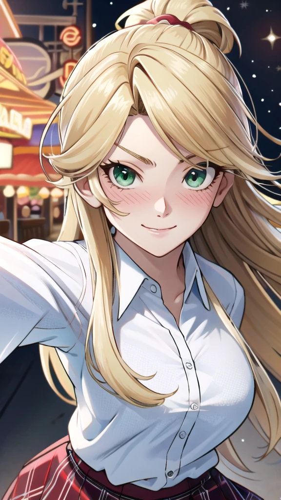 ((masterpiece, best quality, high resolution, super high resolution, perfect pixels, depth of field, 4k, RTTX 10.0, high resolution))), 1 girl, single, alone, beautiful anime girl, beautiful art style, anime character, ((long hair, parted bangs, blonde hair)), (green eyes:1.4, round eyes, beautiful eyelashes, realistic eyes), (detailed face, blush:1.2), (smooth texture:0.75, realistic texture:0.65, realistic:1.2, anime CG style), medium breasts, (selfie, dynamic angle, dynamic pose:1.4, throwing, close up, looking towards the viewer), perfect body, big breasts, ((white polo shirt, plaid skirt, )), smiling, open mouth, amusement park