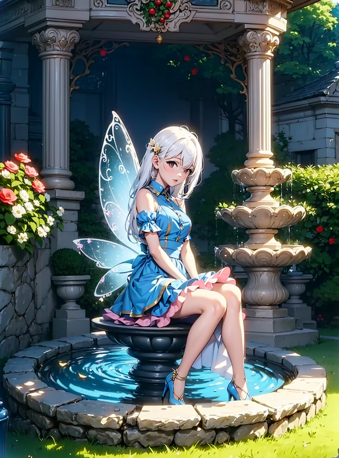 ((1girl, solo, alone, Ninym, white hair, red eyes, hair ornament, small breasts, long hair, fitness)), ((solo, (1woman, pink lipstick), Extremely detailed, ambient soft lighting, 4k, perfect eyes, a perfect face, perfect lighting, a 1girl)), ((blue dress, dress with frill, fountain, (blue high heels), water, fairy, fairy wings, garden, grass, flora, graceful columns, bandstand, argustos, trees))